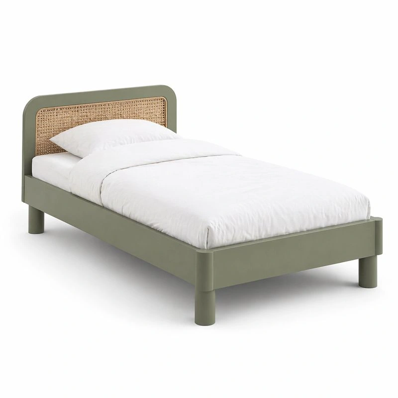 Cama individual verde con cabecero de ratan-selviao